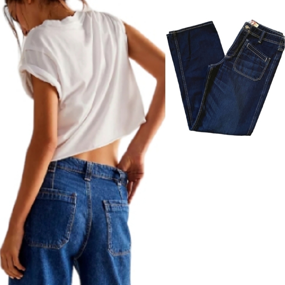 NEW! WE THE FREE Free PeopleWash High Rise Wide Leg Patch Pocket Denim Jeans.